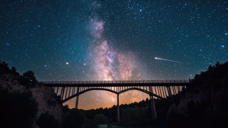 A stunning night sky filled with stars illuminates a bridge under the Milky Way, offering a serene view of the cosmos and inviting exploration of the universe.の素材
