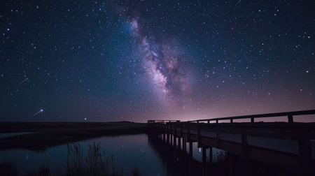A breathtaking view of a starry night sky featuring the Milky Way. A wooden bridge leads over calm waters, creating a serene and tranquil atmosphere.の素材