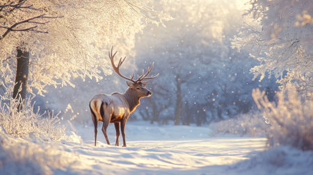 A majestic deer stands elegantly in a snowy winter landscape, surrounded by frosty trees and soft sunlight, embodying the serene beauty of nature.の素材