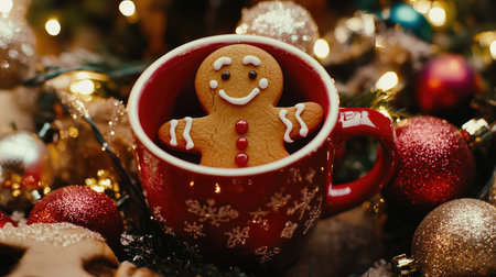 A cheerful gingerbread cookie smiles from a festive red mug, surrounded by colorful ornaments and twinkling lights, capturing the joy of the holiday season.の素材