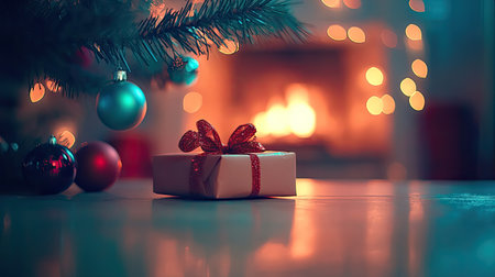 A cozy Christmas scene featuring a beautifully wrapped gift under a decorated tree, with a glowing fireplace in the background, creating a warm ambiance.の素材
