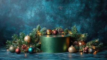 Beautiful holiday arrangement featuring a green gift box surrounded by festive ornaments, pine foliage, and soft lights against a dark teal background.の素材