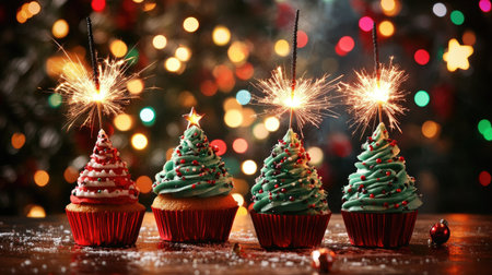 Delightful festive cupcakes topped with green cream and colorful sprinkles, lit with sparklers, perfect for holiday gatherings and celebrations.の素材