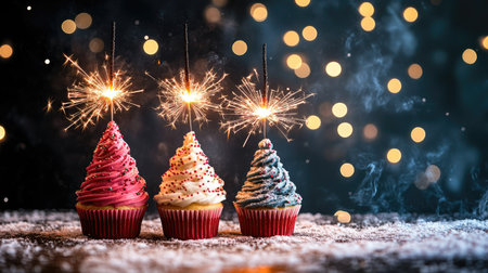 Three colorful cupcakes topped with vibrant frosting and sparkling sparklers create a joyful and festive atmosphere for any celebration.の素材