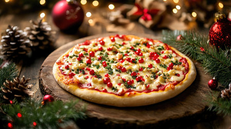 A delicious festive pizza topped with fresh ingredients, perfect for holiday gatherings. Surrounded by seasonal decorations, this image captures a warm, inviting dinner atmosphere.の素材