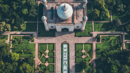 Captivating aerial view of a stunning historical monument surrounded by lush gardens, showcasing architectural beauty and serene landscapes ideal for travel.の素材