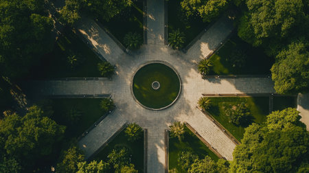 Discover an aerial view of a beautifully designed park showcasing symmetry and lush greenery, inviting visitors to enjoy nature and tranquility.の素材