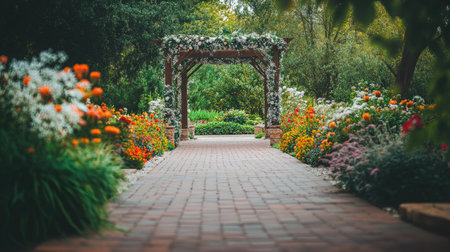 A tranquil pathway meanders through a colorful flower garden, framed by lush greenery and an elegant arbor, creating a peaceful outdoor escape.の素材