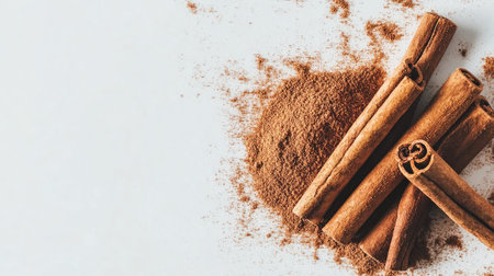 Aesthetic composition of ground cinnamon with cinnamon sticks on a white surface, perfect for culinary projects, cooking inspiration, and food styling.の素材
