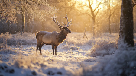 A majestic stag stands gracefully in a snowy landscape at sunrise, surrounded by frost-laden trees, capturing the serene beauty of winter wildlife.の素材