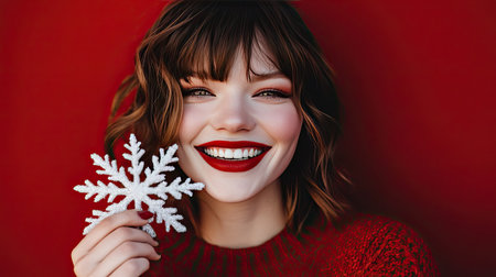 A joyful woman poses with a snowflake decoration, showcasing her bright smile against a vibrant red background, capturing the essence of winter festivities.の素材