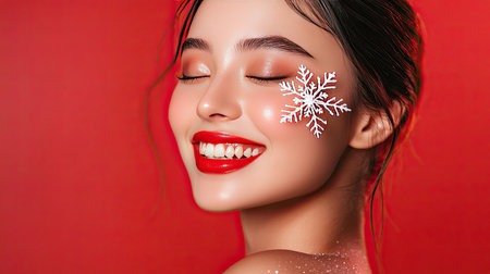 A cheerful woman showcases festive makeup with a snowflake design on her cheek. The vibrant red background enhances her joyful smile and winter spirit.の素材