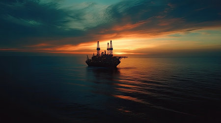 A stunning view of an offshore oil rig silhouetted against a vibrant sunset. The calm waters reflect the colorful sky, showcasing energy and technology.の素材