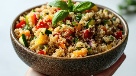 A vibrant bowl of fresh quinoa salad featuring colorful vegetables and herbs, perfect for a healthy meal or snack. Ideal for summer dining.の素材