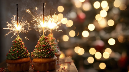 Indulge in festive cupcakes adorned with vibrant icing and topped with sparklers. Perfect for celebrations, this delightful dessert adds joy to any event.の素材