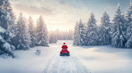 A joyful scene of Santa riding a snowmobile through a serene winter forest. The snow-covered landscape is illuminated by soft sunlight, creating a festive atmosphere.の素材