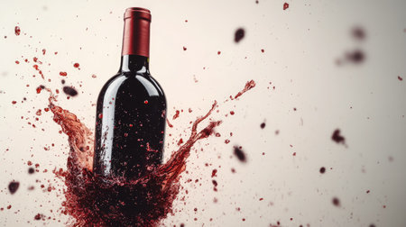 A dramatic splash of red wine erupts from a bottle, capturing the essence of celebration and elegance. Perfect for food and beverage themes.の素材