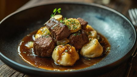 A delicious meat dish featuring tender beef and gnocchi in a rich sauce, garnished with fresh herbs. Perfect for gourmet dining and food photography.の素材