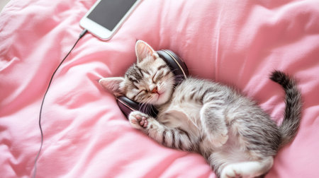 A charming kitten peacefully sleeps on a plush pink blanket with headphones over its ears, embodying comfort and cuteness in a cozy setting.の素材