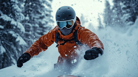A thrilling capture of a snowboarder carving through fresh powder in a stunning winter landscape, showcasing the excitement and beauty of winter sports.の素材