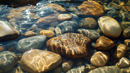A serene image of colorful pebbles submerged in clear water, featuring beautiful light reflections and intricate patterns, perfect for nature-themed projects.の素材
