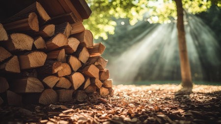 A serene scene featuring stacked firewood illuminated by gentle sunlight streaming through lush trees, creating a peaceful atmosphere in a forest setting.の素材
