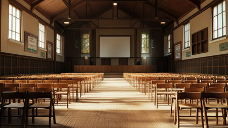 Bright and spacious hall featuring rows of wooden chairs facing a large projector screen, ideal for presentations, meetings, or community gatherings.の素材