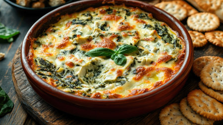 A delicious spinach and artichoke dip baked to perfection, served in a rustic bowl with crispy crackers. Perfect for gatherings and parties!の素材