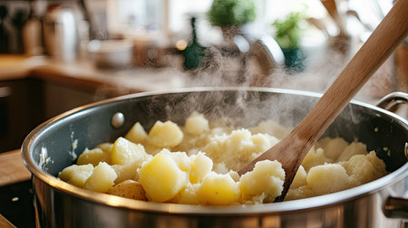 A steaming pot of boiled potatoes on the stove, captured in a modern kitchen setting. The wooden spoon stirs the potatoes, creating a warm, inviting atmosphere perfect for any meal preparation.の素材