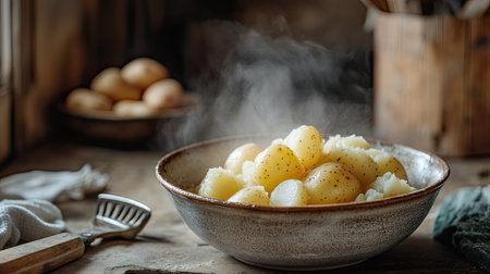 A rustic bowl of freshly steamed potatoes on a wooden table, offering a warm and inviting feel, perfect for culinary themes and home cooking visuals.の素材