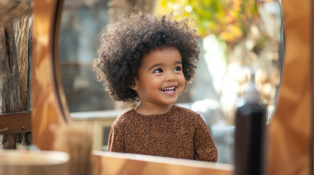 A joyful child smiles in front of a mirror outdoors, capturing the essence of childhood happiness. The curly hair and bright sunlight enhance the cheerful atmosphere.の素材
