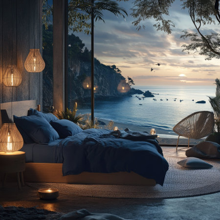 A tranquil coastal bedroom featuring a stunning ocean view. The natural decor, soft lighting, and serene ambiance create a perfect retreat for relaxation.の素材