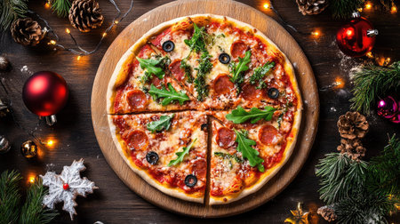 A delicious pizza topped with pepperoni and olives, surrounded by festive decorations and greenery, perfect for holiday gatherings and celebrations.の素材