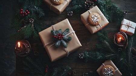Capture the essence of a cozy Christmas with beautifully wrapped gifts, surrounded by lush greenery and delightful cookies, perfect for festive celebrations.の素材