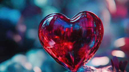 A stunning glass heart glimmers against a colorful background. This artwork captures the essence of love and emotion with its vibrant colors and reflections.の素材