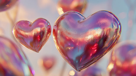 A captivating scene featuring colorful, glossy hearts floating gracefully in the air, creating a magical atmosphere of love and joy. Ideal for romantic themes.の素材