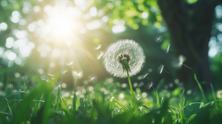 A stunning dandelion stands tall in a sunlit meadow, its seeds drifting gently in the breeze. A symbol of nature's beauty and simplicity, this image captures tranquility.の素材