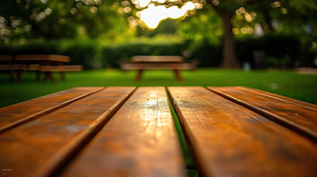 A wooden table in a tranquil outdoor park, surrounded by greenery. The image captures the essence of relaxation and nature in a peaceful setting.の素材