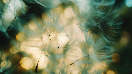A close-up of delicate dandelion seeds illuminated by soft light creates an ethereal atmosphere, showcasing nature's beauty in a tranquil setting.の素材