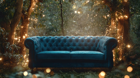 A stunning blue velvet sofa nestled in a serene forest setting adorned with twinkling lights, creating a magical and inviting atmosphere perfect for relaxation.の素材