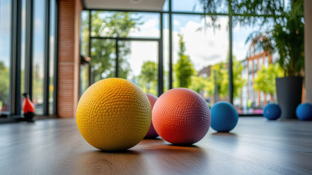 Brightly colored exercise balls are scattered in a modern indoor space, promoting fitness and fun. Ideal for workout sessions, leisure activities, and wellness.の素材