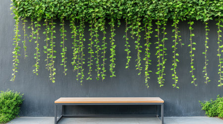 A minimalist bench sits in front of a wall adorned with lush, hanging greenery. This serene setting provides a perfect backdrop for relaxation and inspiration.の素材