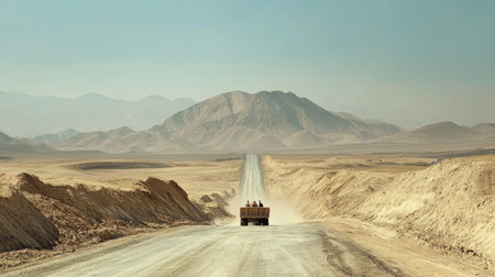 A remote vehicle travels along a long, dusty road surrounded by vast mountains, showcasing the beauty of barren landscapes and adventure.の素材