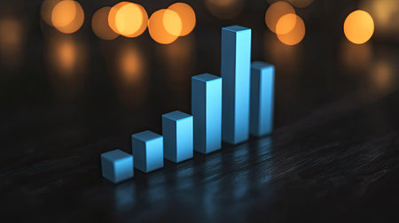 This image features a modern bar chart in blue, symbolizing growth and progress against a blurred background of warm lights. Perfect for business and finance themes.の素材