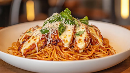 A delicious plate of pasta topped with melted cheese and fresh basil. Perfect for showcasing Italian cuisine, this dish offers a delightful dining experience.の素材