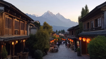 A picturesque village set against majestic mountains at sunset. Traditional architecture lines the street, illuminated by warm lanterns, creating a serene atmosphere perfect for exploration and relaxation.の素材