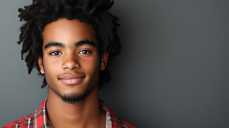 A young man with stylish hair and a confident smile poses for a portrait. His casual attire and inviting expression convey a sense of youth and charm.の素材