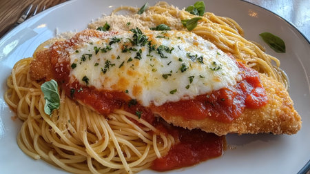 Indulge in this delicious chicken parmesan served on spaghetti, topped with rich marinara sauce and melted cheese. Perfect for any meal!の素材