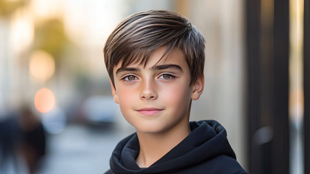 A charming young boy with a soft expression stands against an urban backdrop. His captivating eyes and relaxed demeanor reflect a sense of confidence, making this a perfect portrait for various themes.の素材