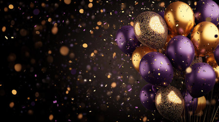 A stunning array of purple and gold balloons against a dark background, surrounded by sparkling confetti. Perfect for party and celebration themes.の素材